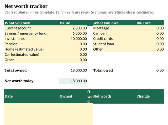 Preview of the net worth tracker: what you own, what you owe, net worth today and a monthly history table.